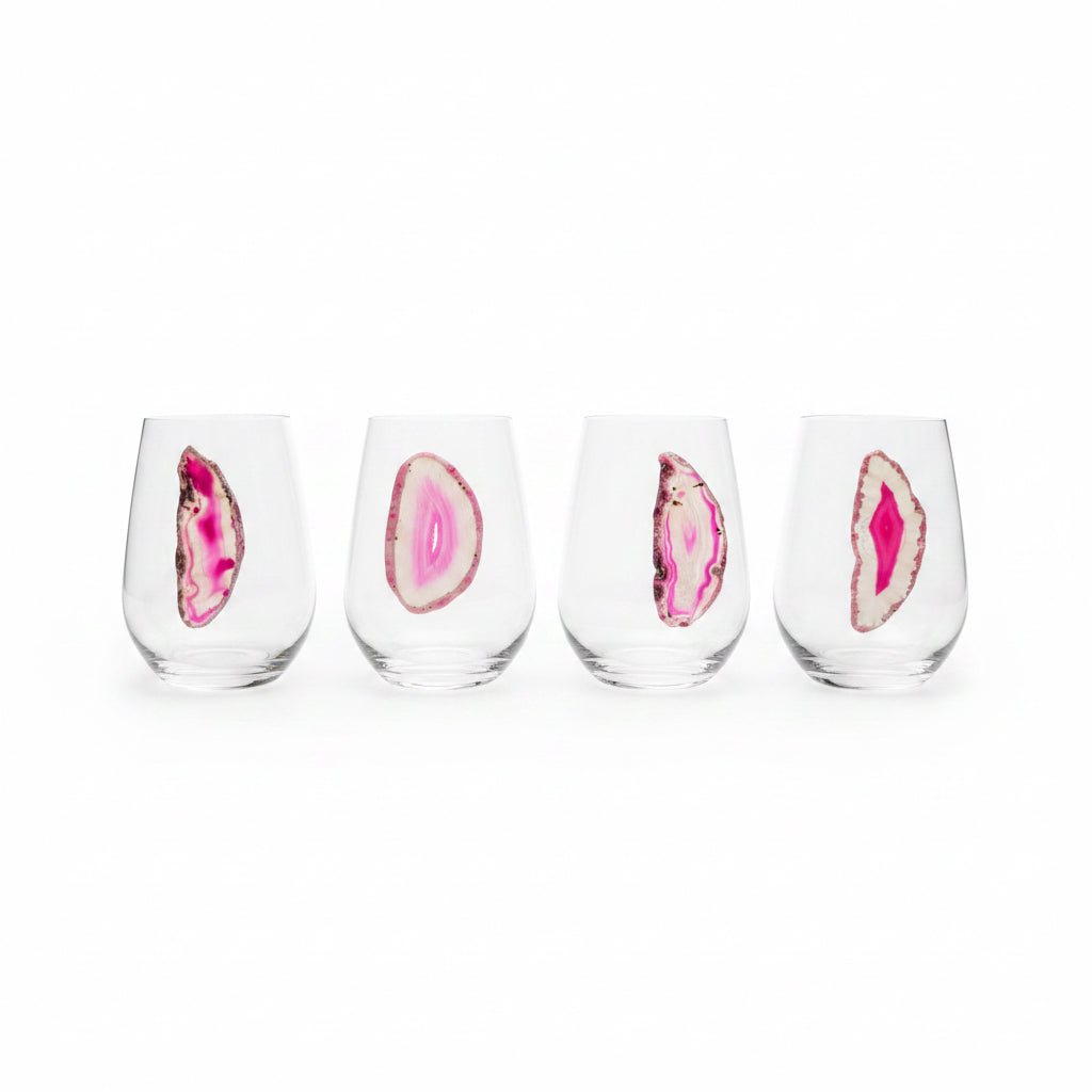 Pink Sliced Agate Geode on Crystal Stemless Wineglass. Set of 4