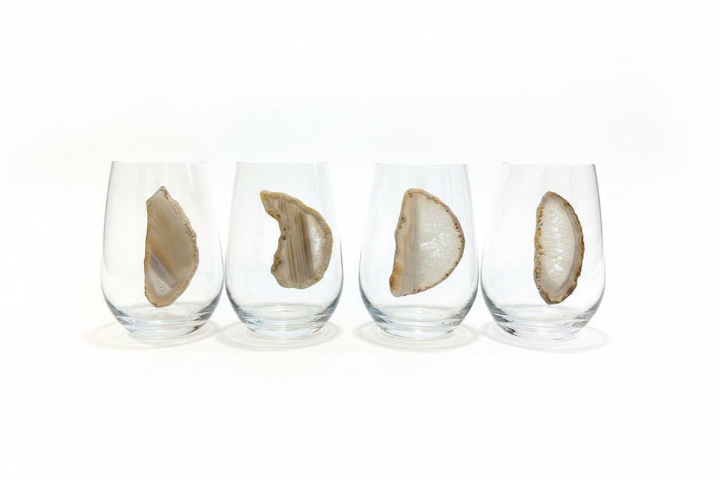 White sliced Agate Geodes on Crystal. Set of 4