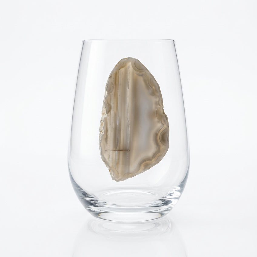 Grey Agate Sliced Geodes on Crystal Stemless Wineglass. Set of 4