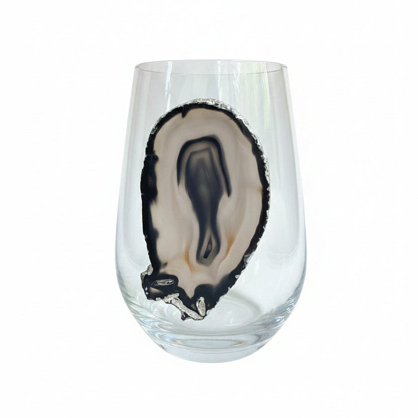 Black and Grey Agate Sliced Geode on Crystal Wineglasses. Set of 4