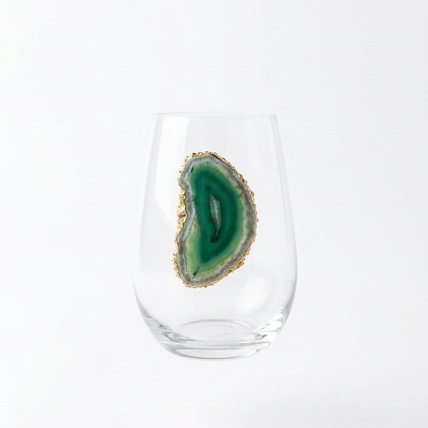 Green Agate Geode with Pyrite Rim on Crystal Stemless Wineglass. Set of 4