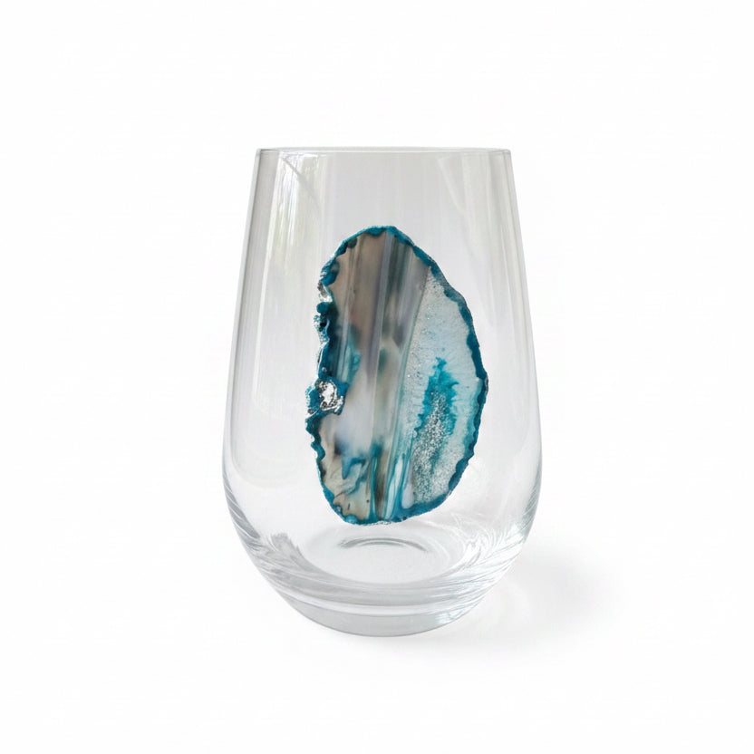 Blue and white Sliced agate Geode on Crystal Wineglass. Set of 4. 19.1 ounces