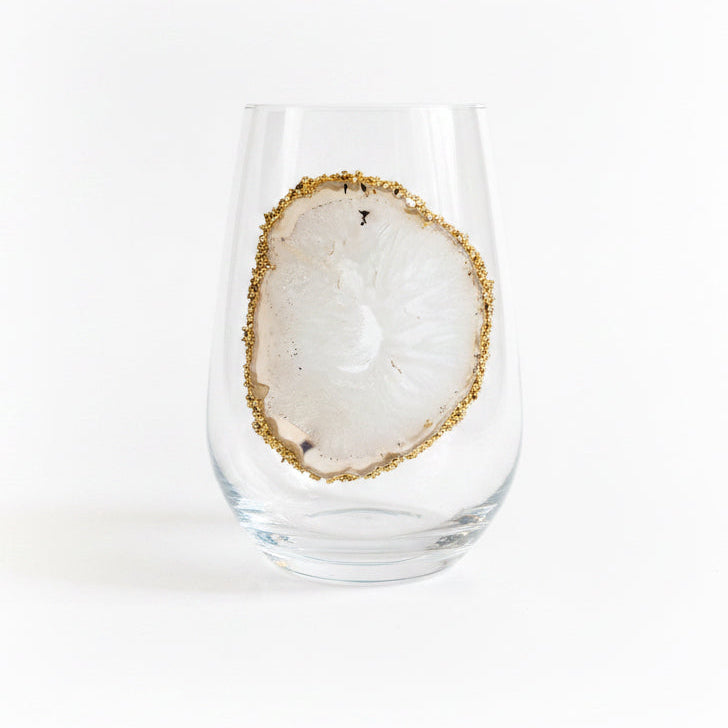 White Sliced Agate Geode on Crystal Wineglass. Set of 4