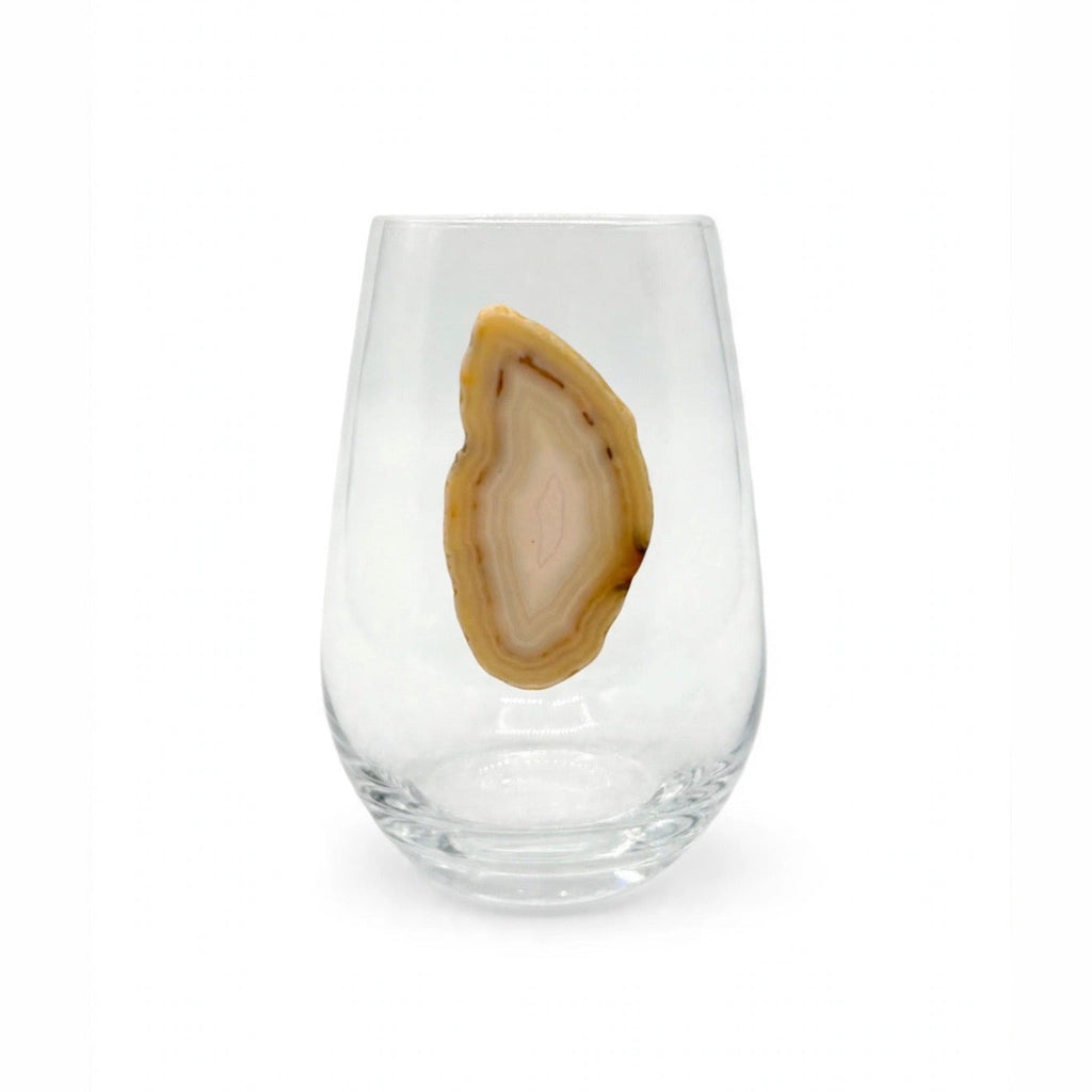 White and Light Amber Agate Geodes on Crystal Wineglass. Set of 4