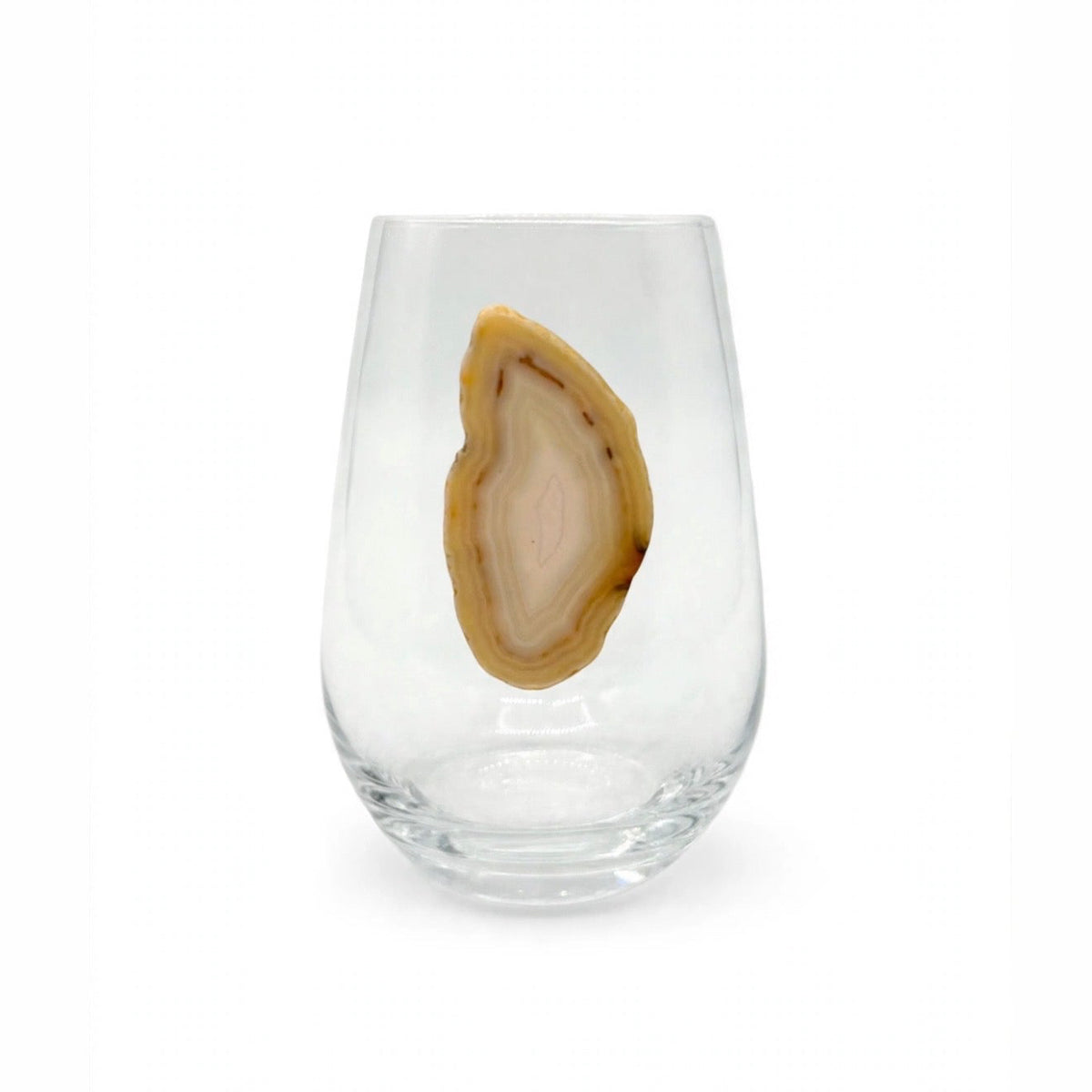 White and Light Amber Agate Geodes on Crystal Wineglass. Set of 4
