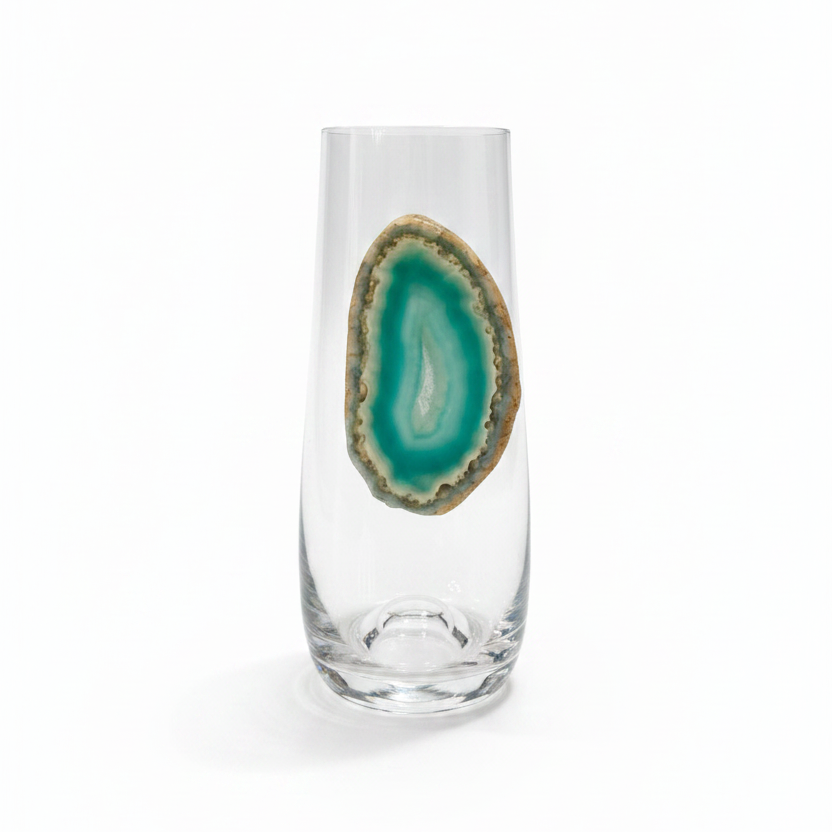 Light Green Sliced Agate Geode on Stemless Crystal Flute. Set of 4