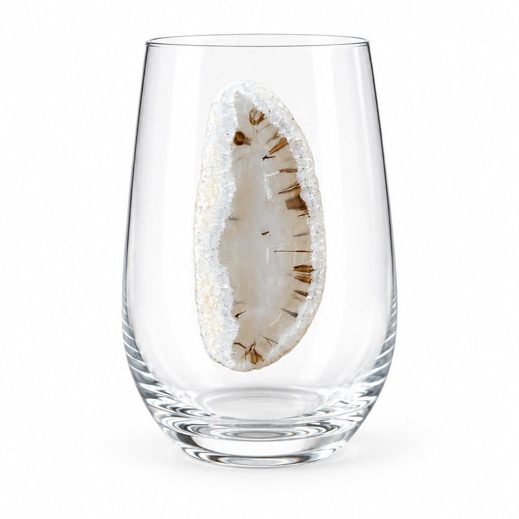 White Agate Geode on Crystal Wineglass. Set of 4
