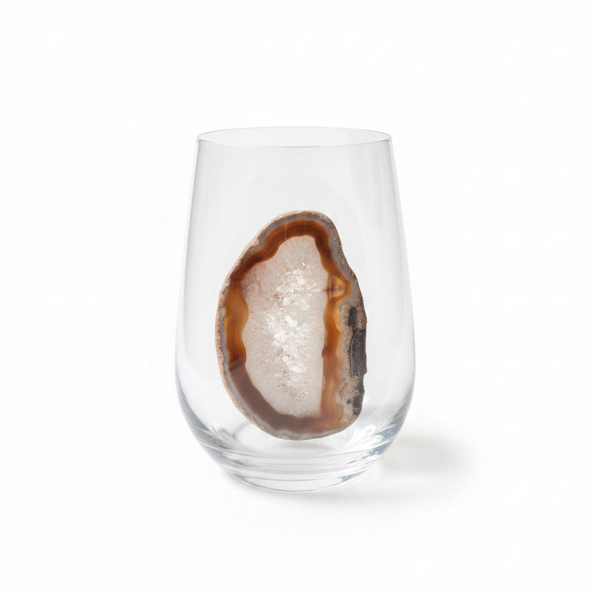Natural Sliced Agate Geodes on Crystal Stemless Wineglasses
