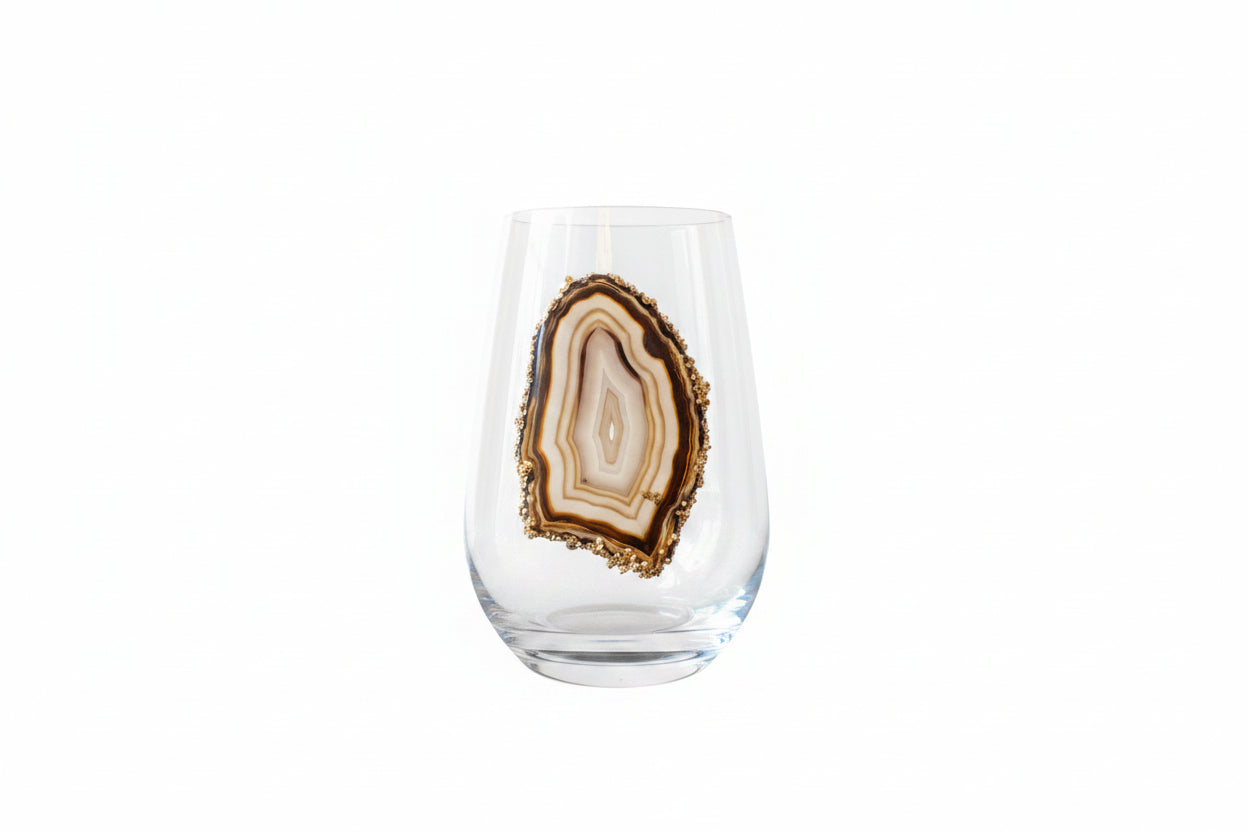 Brown Agate Geodes on Crystal Wineglasses. Set of 4
