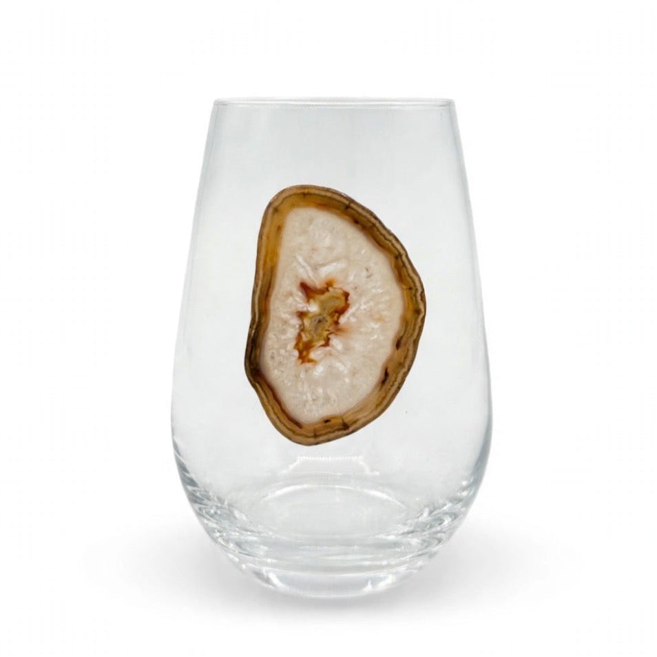 White and Light Amber Agate Geodes on Crystal Wineglass. Set of 4