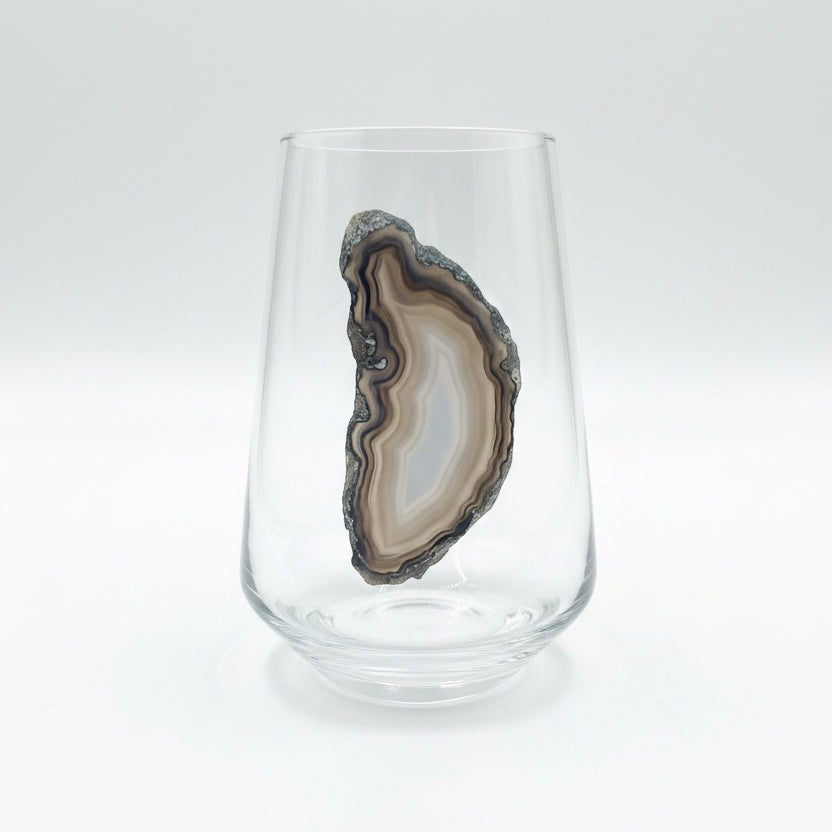 Grey Sliced Agate Geode on a Stemless Crustal Wineglass. Set of 4