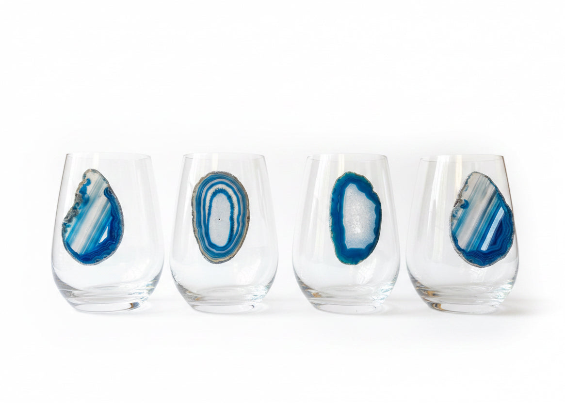 Blue and White Agate Geode Stemless Wineglasses on Crystal. Set of 4