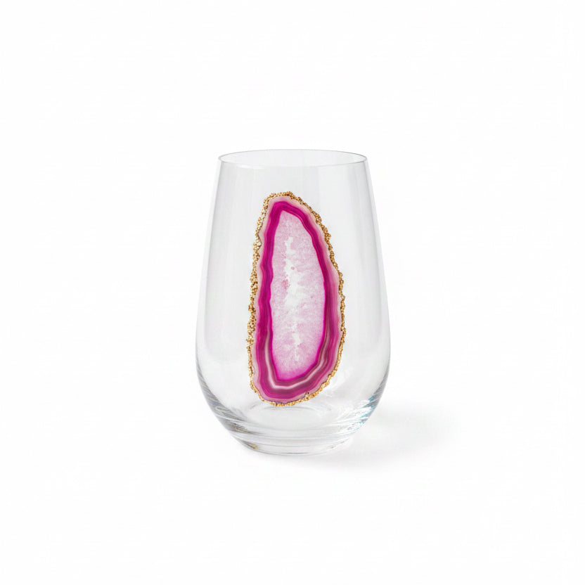 Pink Agate sliced Geodes Wineglasses with Pyrite rim. Set of 4