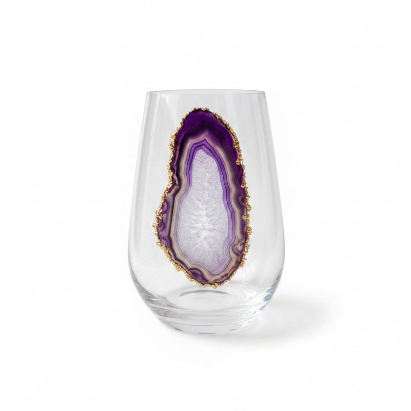Purple Agate Sliced Geodes on Crystal Wineglass. Set of 4