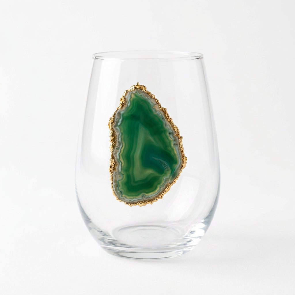 Green Agate Geode with Pyrite Rim on Crystal Stemless Wineglass. Set of 4