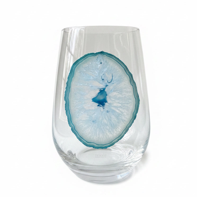 Aqua Blue Sliced Agate Crystal Stemless Wineglasses. Set of 4