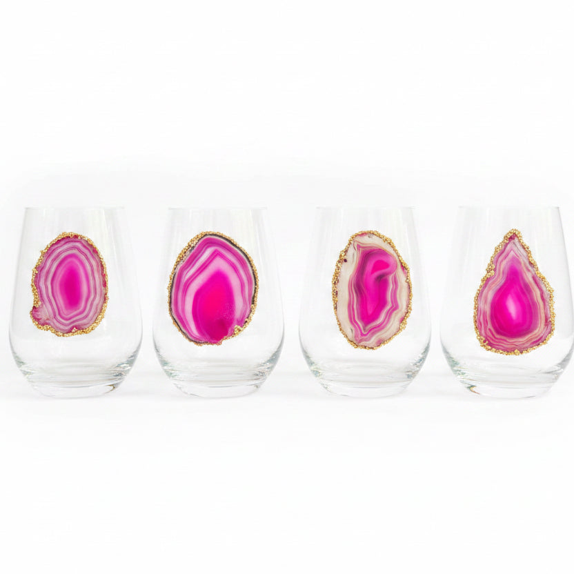 Pink Sliced Agate Geode with Pyrite Rim on Crystal Wineglasses. Set of 4