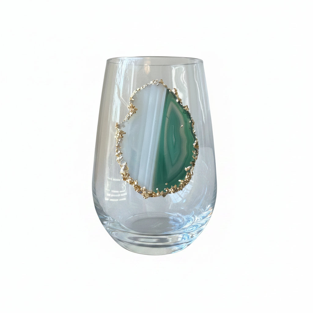 Light Green Agate Sliced Geodes on Crystal Wineglasses. Set of 4
