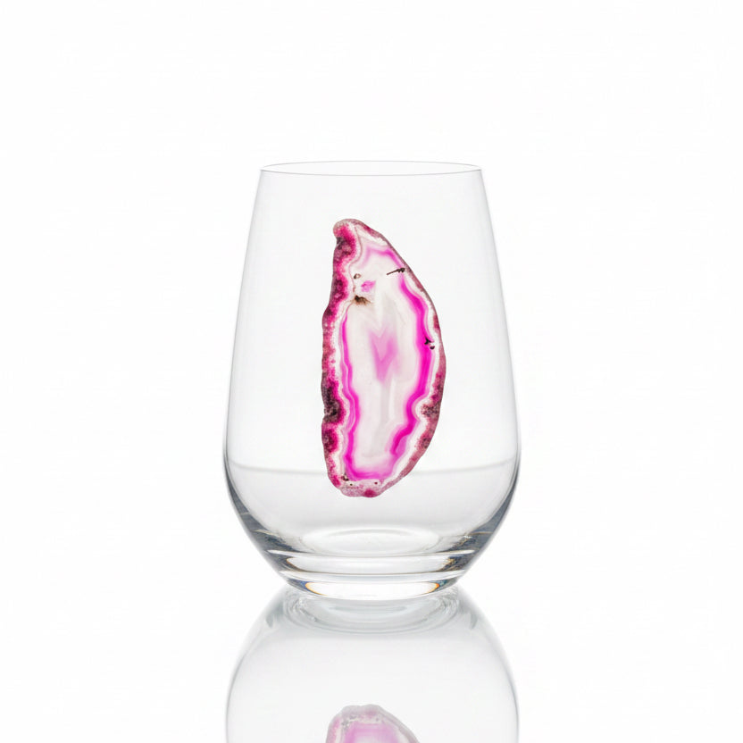 Pink Sliced Agate Geode on Crystal Stemless Wineglass. Set of 4