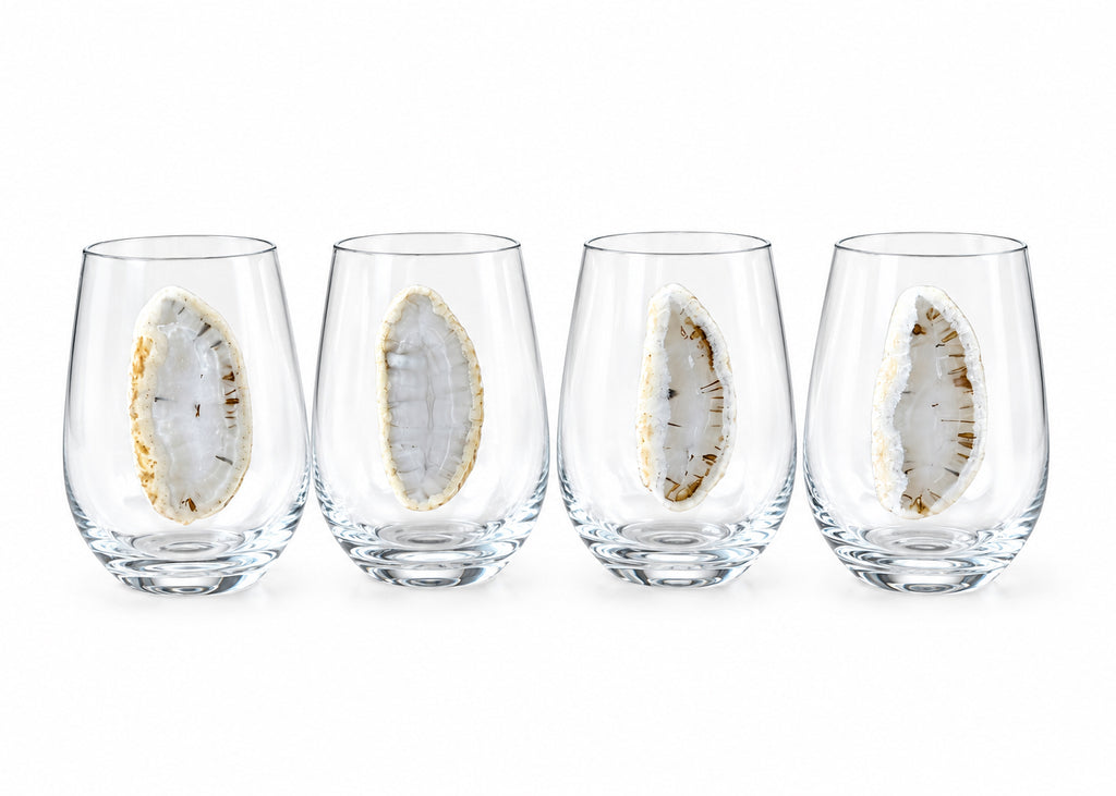 White Agate Geode on Crystal Wineglass. Set of 4