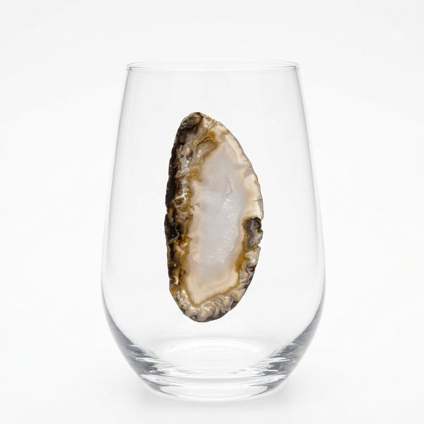 Black and grey Sliced Agate Geodes on Crystal Stemless wineglass . Set of 4