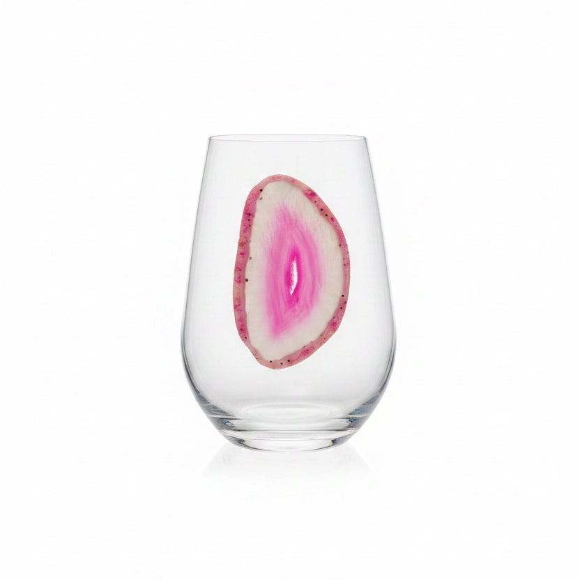 Pink Sliced Agate Geode on Crystal Stemless Wineglass. Set of 4