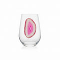 Pink Sliced Agate Geode on Crystal Stemless Wineglass. Set of 4