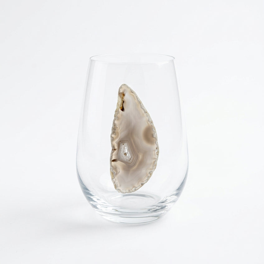 Grey Agate Sliced Geodes on Crystal Stemless Wineglass. Set of 4