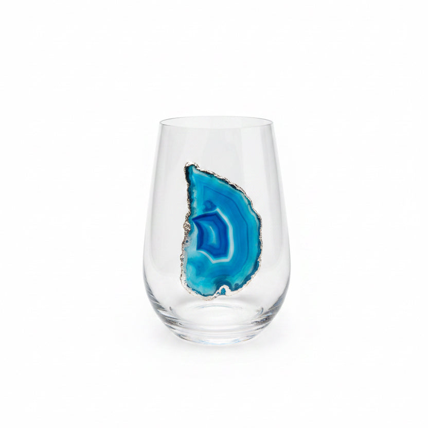 Blue agate Sliced Geodes on Crystal Wineglasses. Set of 4
