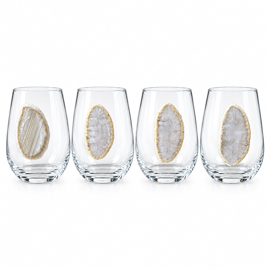 White Agate Sliced Geode on Crystal Wineglass. Set of 4