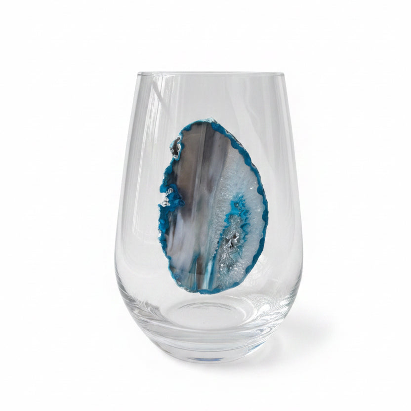 Blue and white Sliced agate Geode on Crystal Wineglass. Set of 4. 19.1 ounces