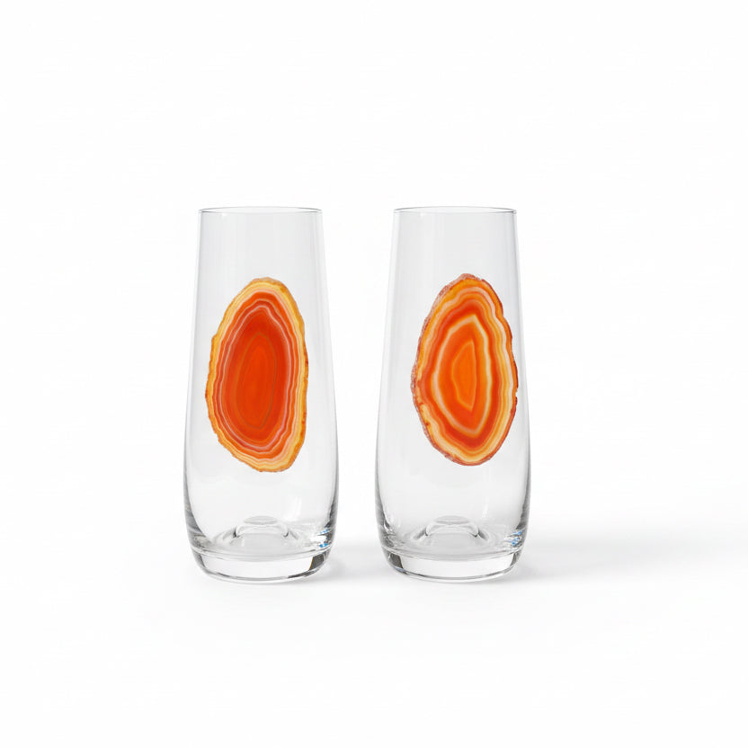 Orange Agate Sliced Geodes on Champagne Flute. Set of 4