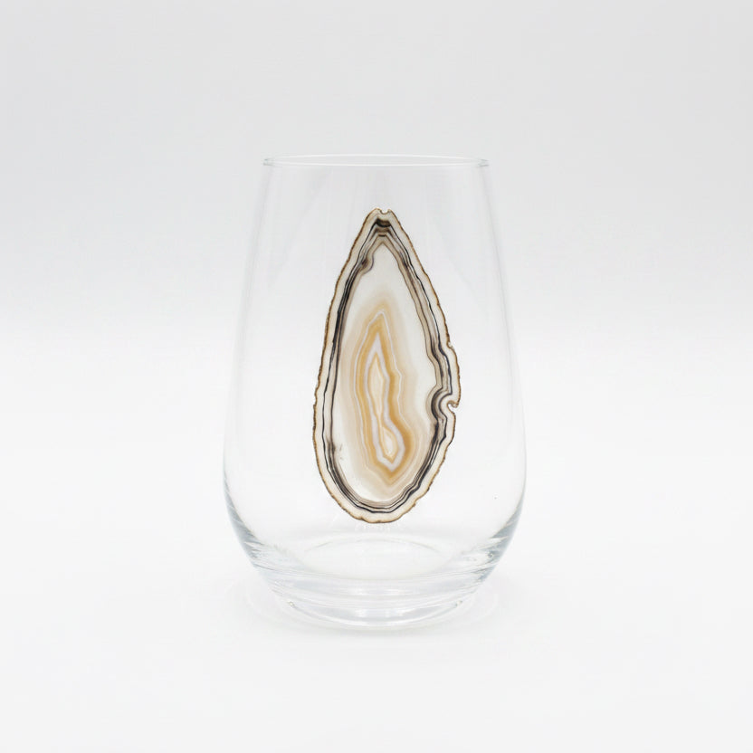 Amber, Grey and Black Agate Geodes on Crystal Wineglass. Set of 4