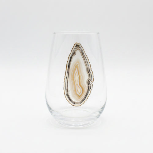 Amber, Grey and Black Agate Geodes on Crystal Wineglass. Set of 4