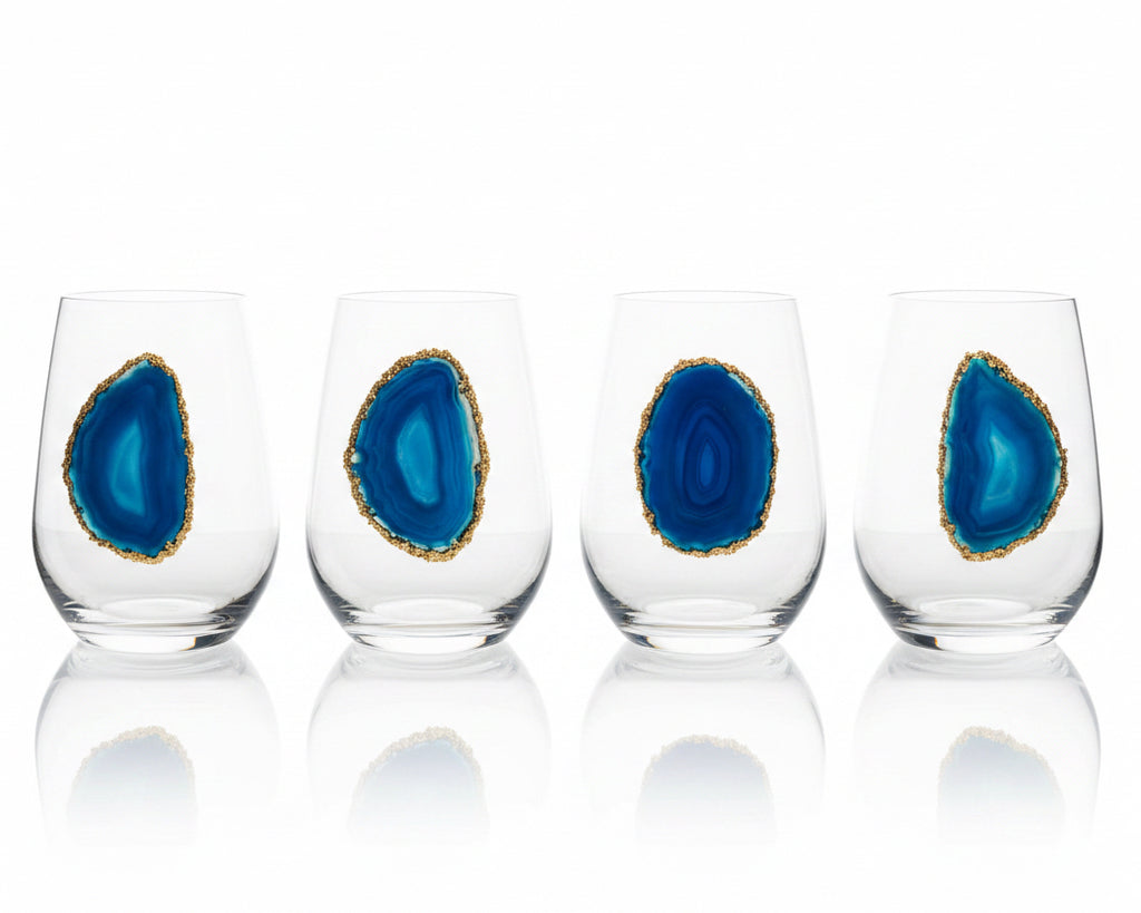 Blue agate Sliced Geodes with Pyrite Rim. Set of 4