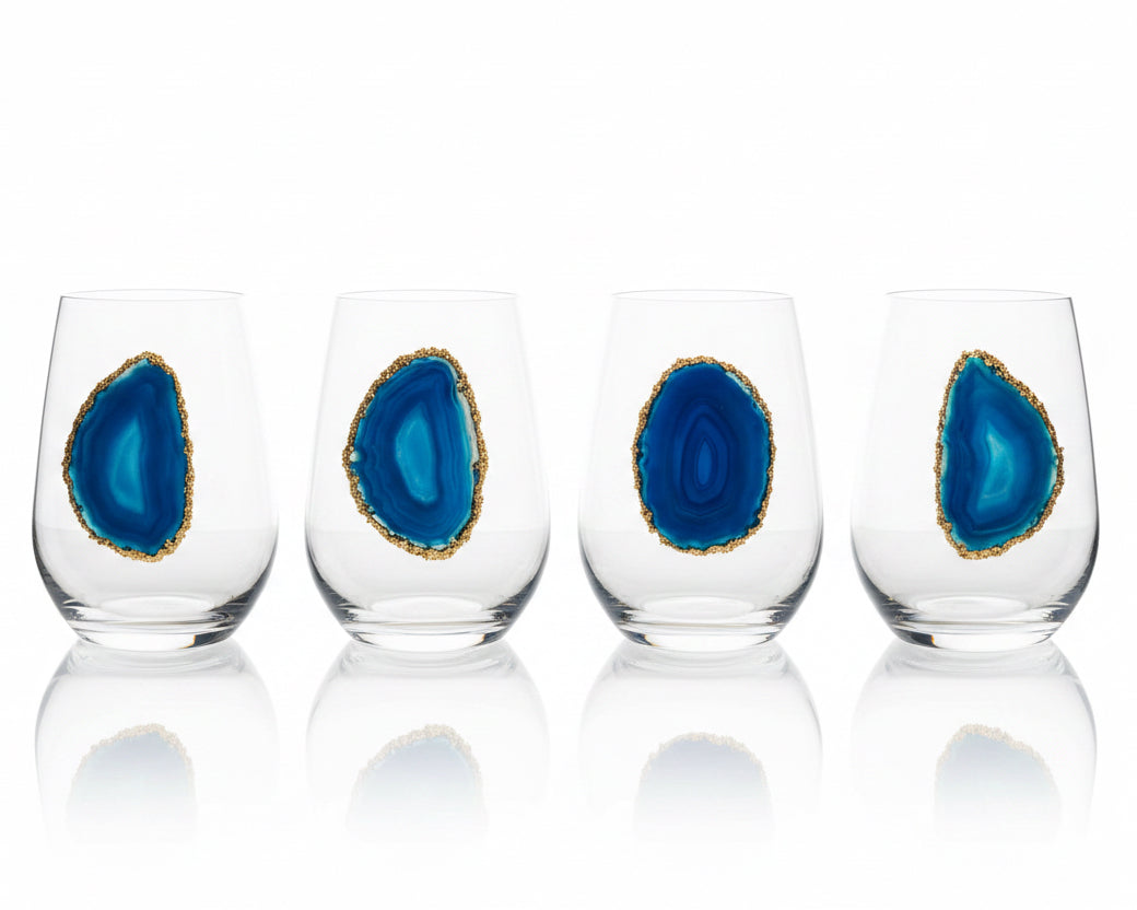 Blue agate Sliced Geodes with Pyrite Rim. Set of 4