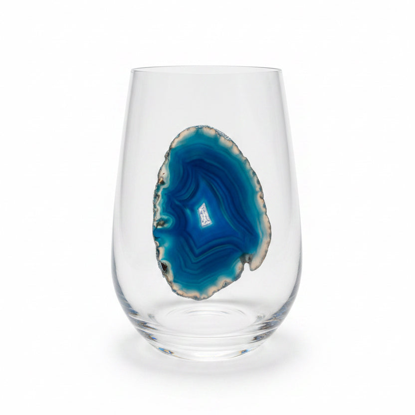 Blue agate Sliced Geodes on Crystal Wineglasses. Set of 4