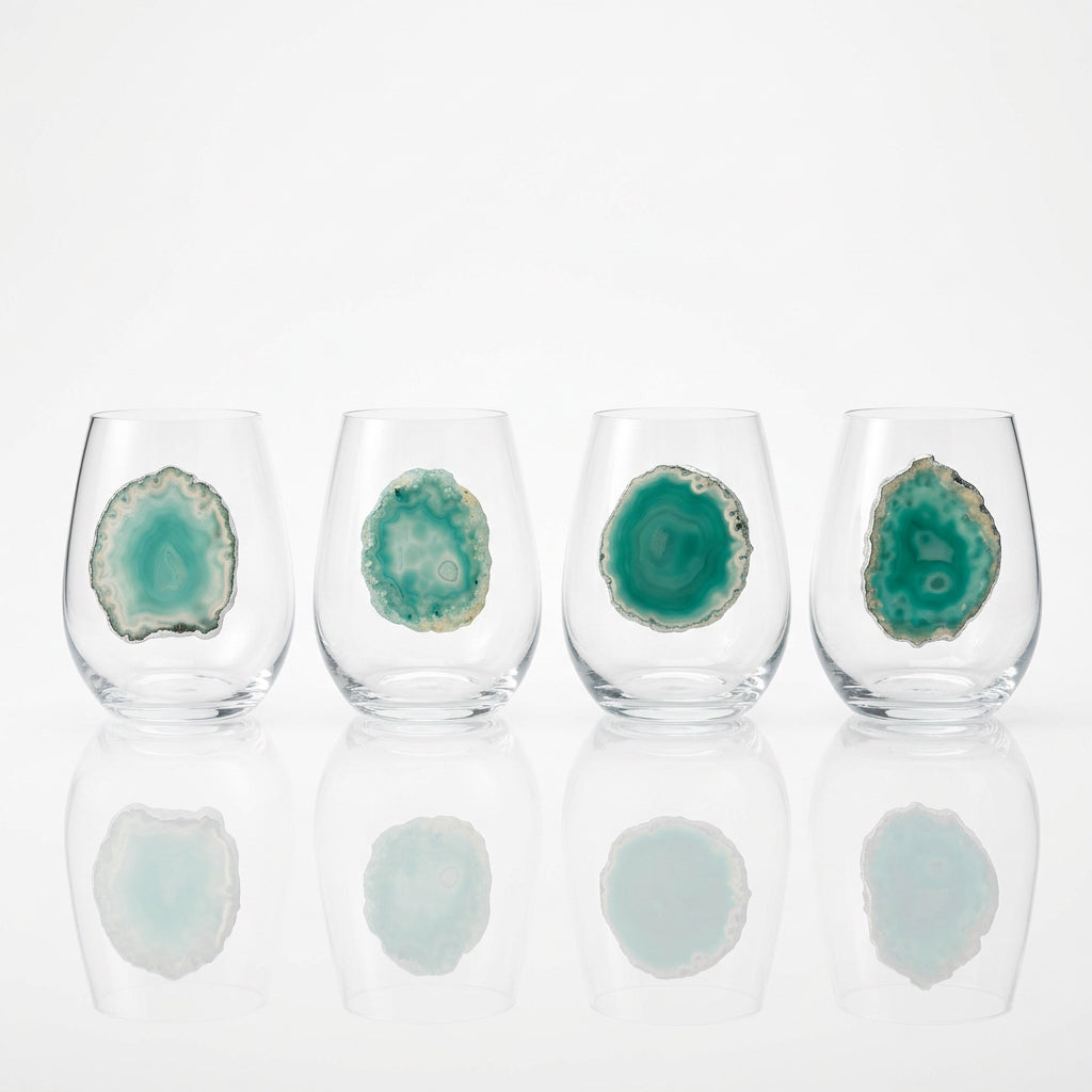 Green Agate Geodes on Crystal wineglasses. Set of 4