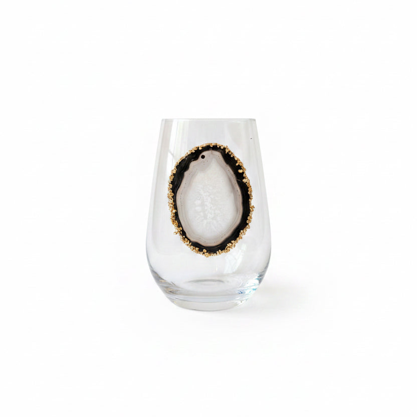 Black Agate Sliced Geodes on Crystal Wineglasses. Set of 4