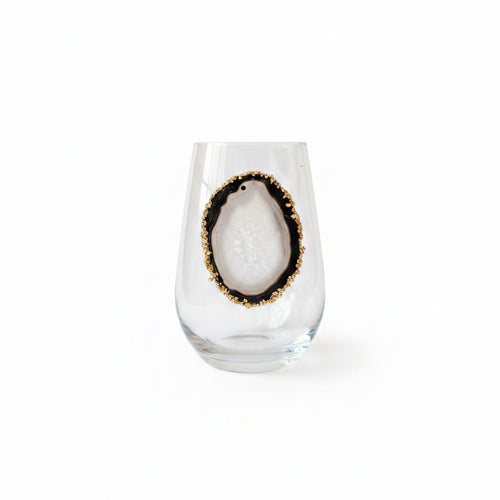 Black Agate Sliced Geodes on Crystal Wineglasses. Set of 4
