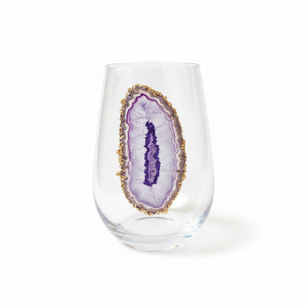Purple Agate Sliced Geodes on Crystal Wineglass. Set of 4