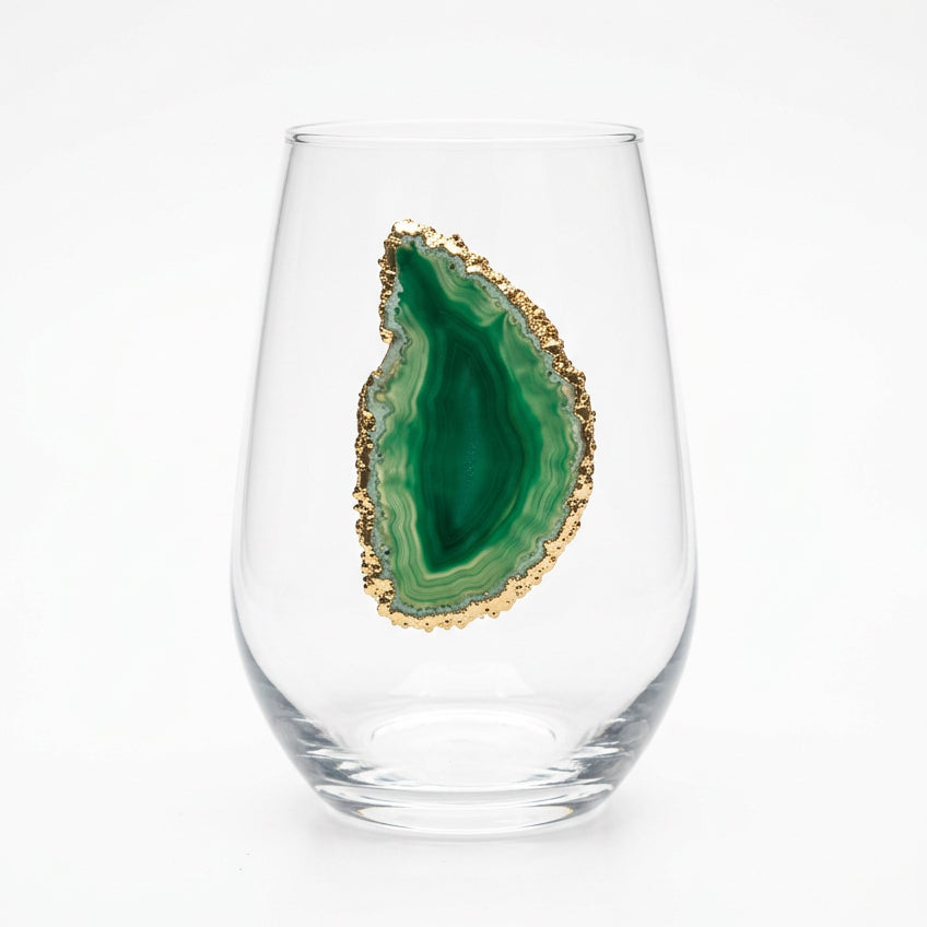 Green Agate Geode with Pyrite Rim on Crystal Stemless Wineglass. Set of 4