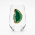 Green Agate Geode with Pyrite Rim on Crystal Stemless Wineglass. Set of 4
