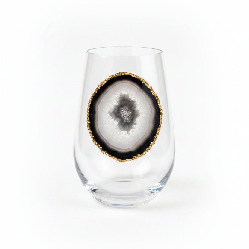 Black Agate Sliced Geodes on Crystal Wineglasses. Set of 4