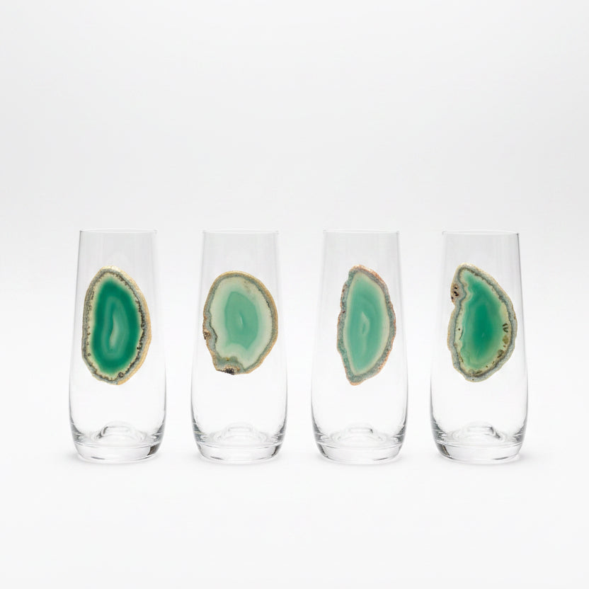 Light Green Sliced Agate Geode on Stemless Crystal Flute. Set of 4