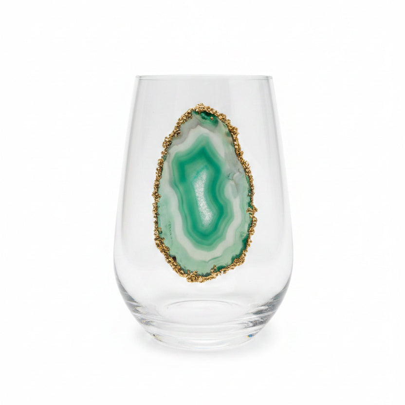 Light Green Agate Sliced Geodes on Crystal Wineglasses. Set of 4