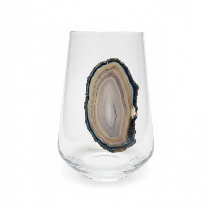 Grey Sliced Agate Geode on a Stemless Crustal Wineglass. Set of 4