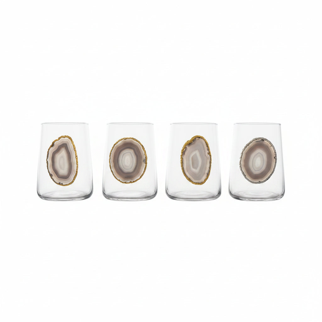 Gray agate, sliced geodes. Tumblr set of 4 . 16.6 oz juice or water glass