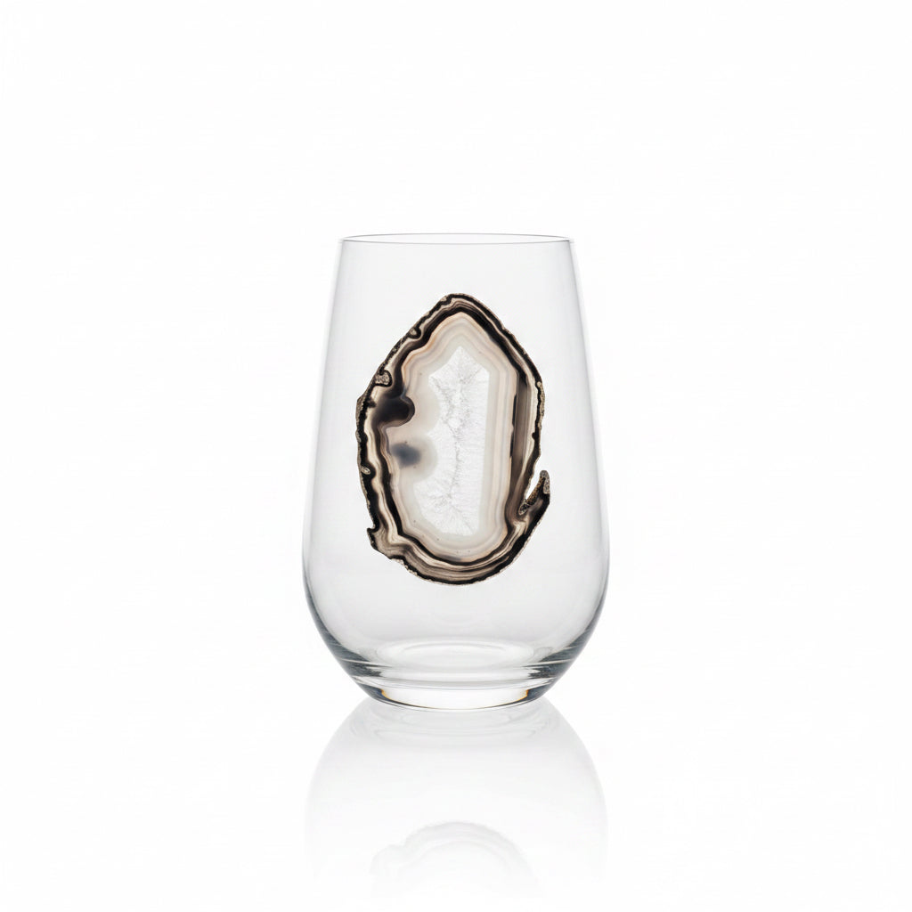 Grey and Black Sliced Agate Geode on Crystal Wineglass. Set of 4