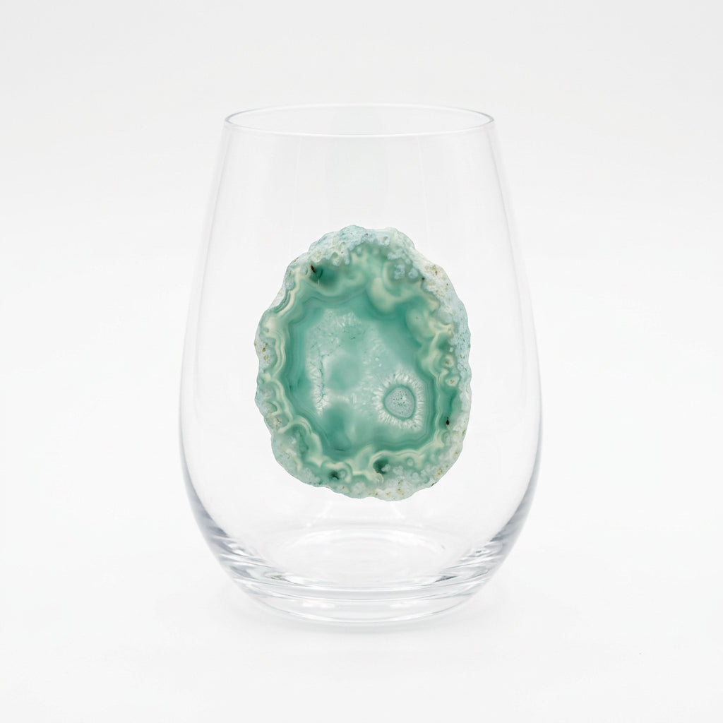 Green Agate Geodes on Crystal wineglasses. Set of 4